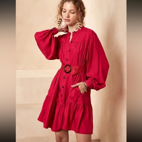 NWT! BANANA REPUBLIC RED SUNSET FLOUNCE HEM MINI DRESS - Size LARGE - Picture 1 of 4